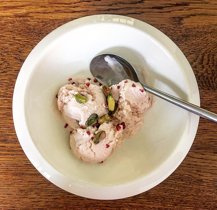 Rhubarb, raspberry and pistachio frozen yoghurt recipe